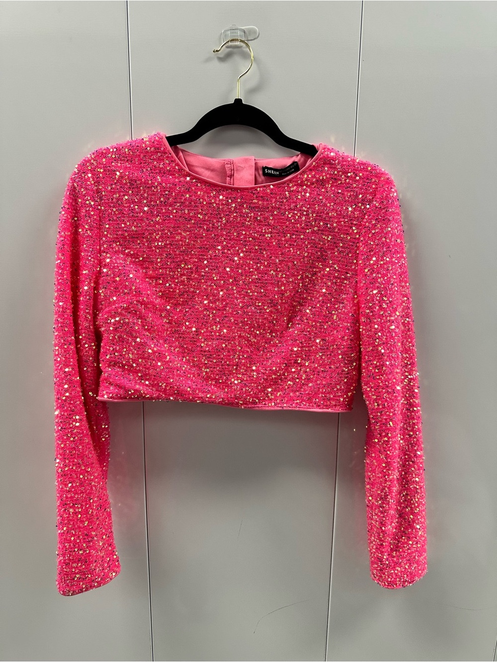 SHEIN Hot Pink Sequined Long Sleeve Crop Top Blouse Size Large